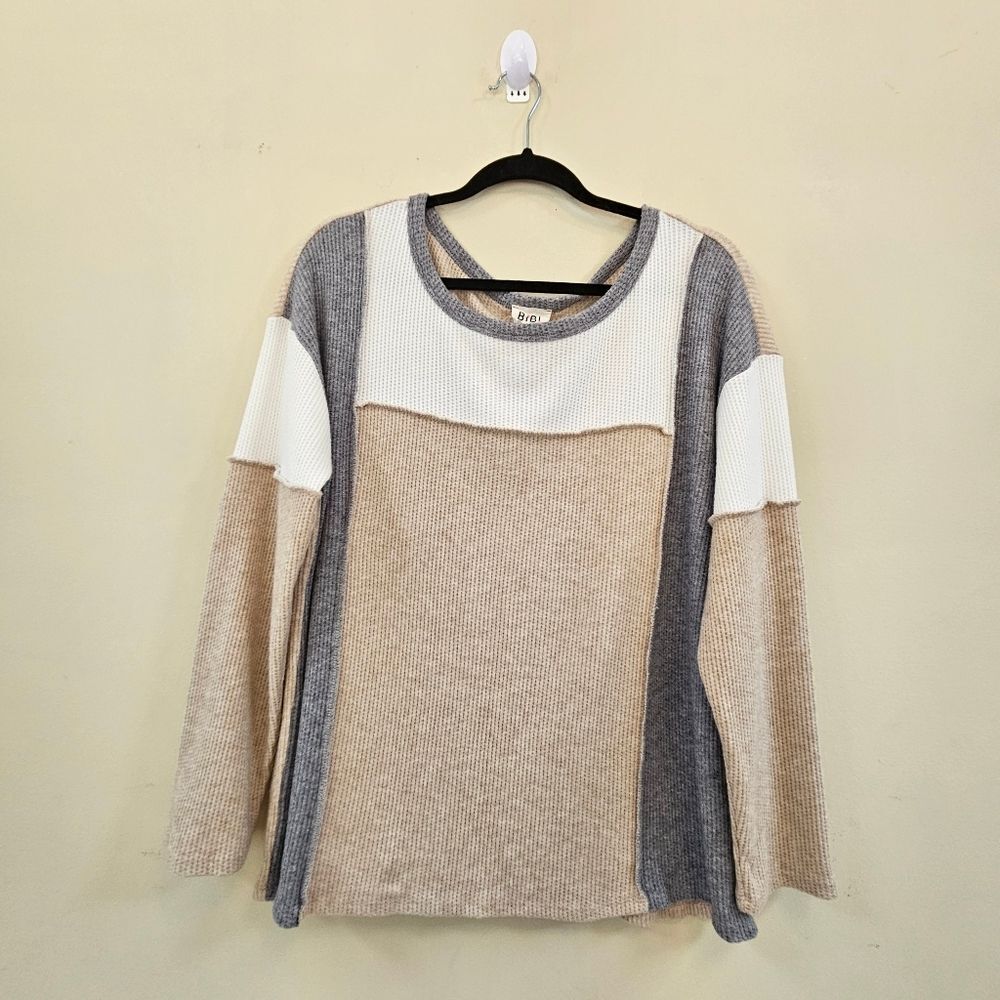 Bibi Pullover Top L Tan Gray Creme Color Blocked Lightweight Long Sleeve Thermal